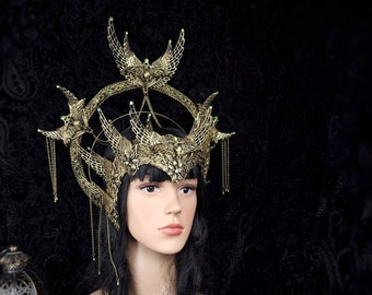 made to order / set face frame & Halo "Holy Crow" cosplay, larp, fantasy costume, pagan crown, halo, headdress