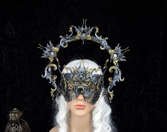 Set halo & blind mask "vampire love" cosplay, larp, gothic, fetish, fantasy, witch, bat, crown, horror / made to order