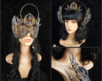 made to order / set headdress halo, blind mask & finger claws, fantasy costume, cosplay, goth crown, angel, headdress
