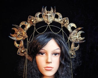 Halo "veritas", gothic crown, gothic headpiece, medusa costume, cosplay, religious, blind mask, goth crown, skull / Made to order