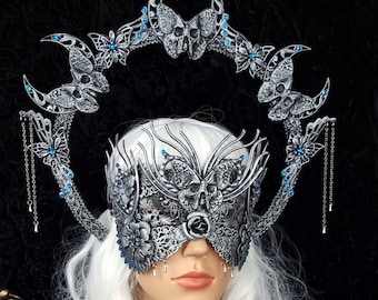 Set death moth moon headband & blind mask, gothic, crown, halo, headdress, costume, vampire, cosplay, larp, fairy tale / Made to order
