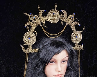 Medusa Halo "Anubis" Cleopatra, Medusa Costume, pharaoh, pagan, gothic headpiece, cosplay, goth crown, blind mask /Made to Order