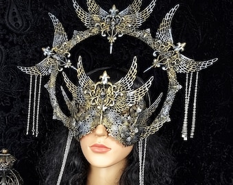 Cathedral Wings blind mask & Halo Headpiece "Saint Crow " | Gothic Crown | Masquerade Mask | Fantasy Costume | Cosplay Mask | Made To Order
