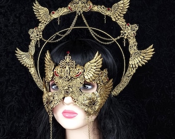 Custom-made / Set Angel Halo & Mask, fantasy costume, angel, cosplay, larp, vampire, gothic, crown, headdress, halo