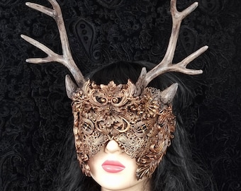 Made to order / blindfold mask with antlers & horns, pagan, shieldmaiden, fantasy costume, Cernunnos, Morrigan, warrior, crown, cosplay