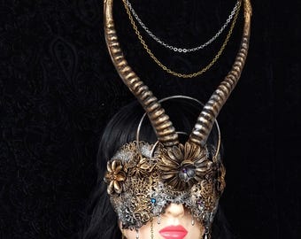 fast shipping / Blind Mask " Persephone " Pagan, antelope, horns, fantasy, cosplay, crown, headdress, shieldmaiden, horror