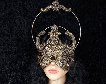 Made to order / Art Nouveau Halo blind mask, fantasy costume, goth crown, headdress, vampire, burlesque, cosplay, Larp, medusa