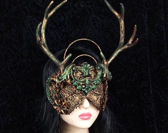Anfertigung nach Auftrag / blinde Maske mit Geweih, pagan, shieldmaiden, fantasy kostüm, cernunnos, Morrigan, Krieger, krone, cosplay