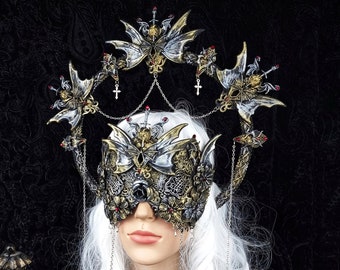 Made to order / Set vampire heart, halo headdress & blind mask, demon, devil, fantasy, horror, cosplay, larp, goth, crown