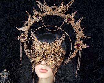 Set blind mask & headdress "wings heart" halo, fantasy costume, larp, cosplay, elf, vampire / made to order