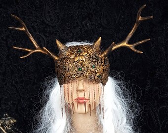 Antlers mask & crown "Healing" pagan, gothic, horns headdress, horror, fantasy costume, vampire, cosplay / made to order