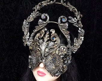 Demeter | Handmade Gothic Double Halo Mask | Baroque Masquerade Mask | Sacred Gothic Wearable Art | Baroque Crown| Made to order