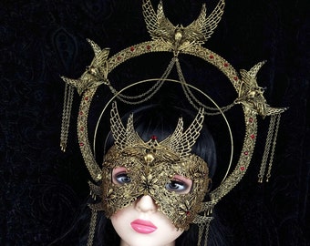 II.Set Holy Crow Halo & blind mask, gothic headpiece, holy crown, goth crown, cosplay, medusa costume, shieldmaiden / Made to order