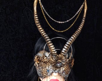 Made to order / Blind mask "Persephone" Pagan, antelope, horns, fantasy, cosplay, crown, headdress, shieldmaiden, horror