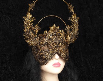 Persephone – Handmade Gothic Halo Mask | Baroque Masquerade Mask | Blind Mask | Sacred Gothic Wearable Art | Goth Crown | Made to order