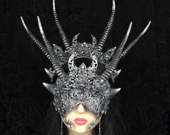 Antelope Horn Blind Mask & Crown Set "Nyxara" | Gothic Masquerade Horned Mask | Dark Fantasy Costume | Cosplay Headpiece | Made to order