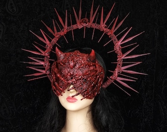custom order / Demon heart Set halo & blind mask, horror costume, gothic headpiece, skull halo, goth crown, cosplay, vampire, devil, vodoo