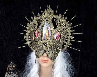 Set of church window wings blind mask & halo, fantasy, vampire, shieldmaiden, gothic, cathedral headdress / made to order