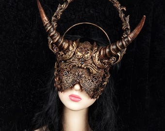 Horns mask with halo, blind mask, pagan, vampire, gothic, cosplay costume, crown, fantasy headpiece