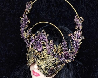 Made to order / Halo blind mask "Persephone" fantasy costume, headdress, goth crown, pagan, vampire ball, art nouveau