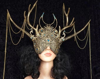 MADE TO ORDER " Moon & Sun " antlers blindmask, priestess, pagan, fantasy, witch, shaman, cernunnos, morrigan, warrior, cosplay, gothic