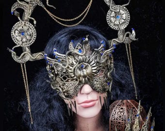 Set "Anubis" halo headband & blind mask + 5 finger claws, Cleopatra Costume, pharaoh, fantasy headpiece, cosplay, medusa crown, snake mask