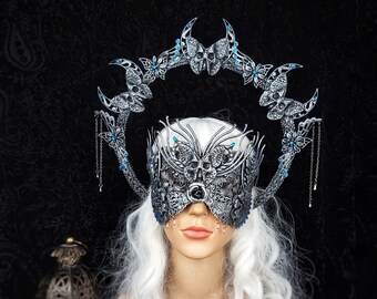 Set death moth moon headband & blind mask, gothic, crown, halo, headdress, costume, vampire, cosplay, larp, fairytale / Made to order