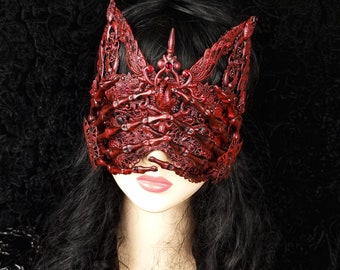 Made to order / Cat ears cathedral mask "catacombe heart" with skeleton hands, blind mask, fantasy, gothic crown, cosplay