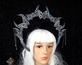 Death moth moon, halo headdress, gothic crown, fantasy costume, larp, cosplay, vampire, horror / made to order