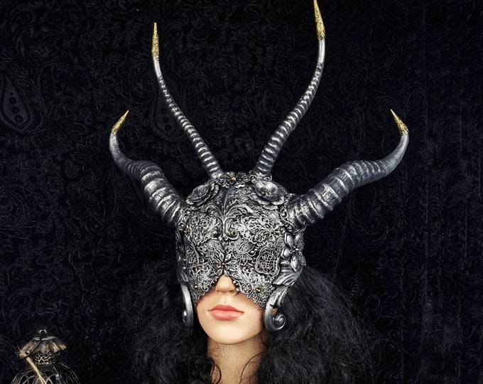 Featured listing image: Demon Warrior blind mask " Seraphim ", horns mask, devil mask, medusa, cosplay, gothic headpiece, shieldmaiden / MADE TO ORDER