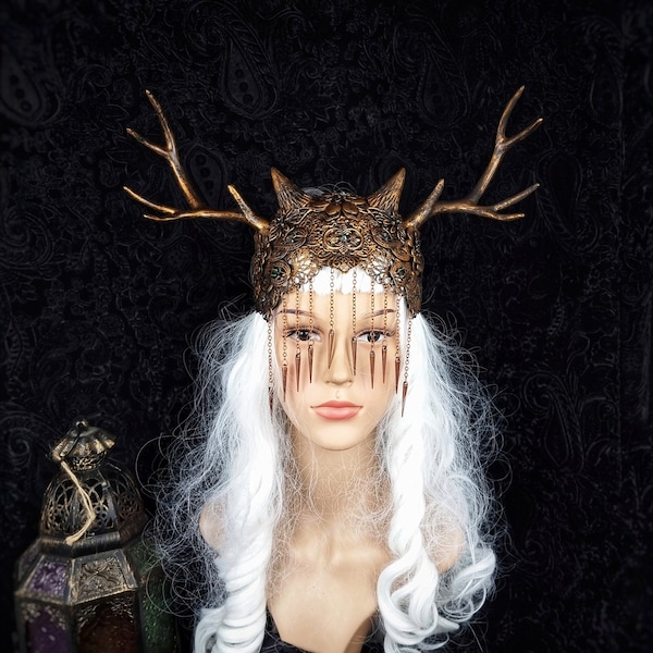 Ready to ship immediately / Antlers mask & crown "Healing" pagan, gothic, horns headdress, horror, fantasy costume, vampire, cosplay