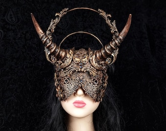 Ready to ship / Horns mask with halo, blind mask, pagan, vampir, gothic, cosplay costume, crown, fantasy headpiece