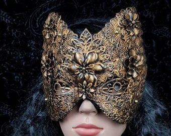 Made to order / cat mask "flower", blind mask, fantasy mask, gothic headpiece, gothic crown, medusa, cosplay, metal mask