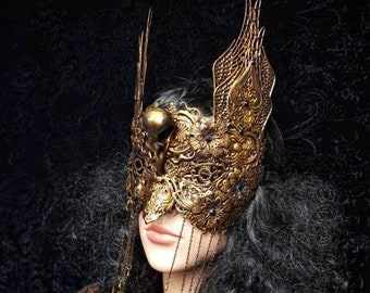 The Fallen Owl King | Gothic Blind Mask | Owl Inspired Mask | Ornate Mask | Golden Masquerade Mask | Dark Fantasy Couture | Pagan Crown