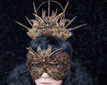 Set "Vampire", Goth crown & blind mask, gothic headpiece, bat crown, bat headpiece, cosplay, halo, medusa costume / Made to order