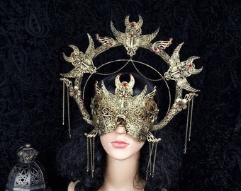Made to order / set "Holy Moon" halo headband & blind mask, cosplay, larp, witch, fantasy, pagan, vampire, gothic crown