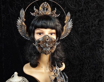 II.Set Halo, Mouth mask + claws " Angel love ", cosplay, gothic headpiece, larp, goth crown, cathedral, fantasy, blind mask/ Made to order