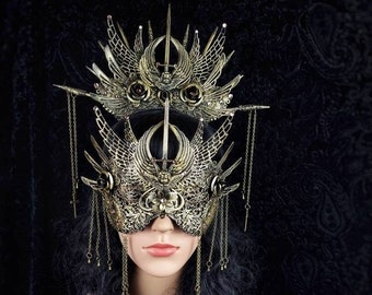 SET "Angel Sword Warrior" Blind Mask & Crown, cosplay, larp, sacred, gothic, headdress, pagan, shieldmaiden/ Made to order