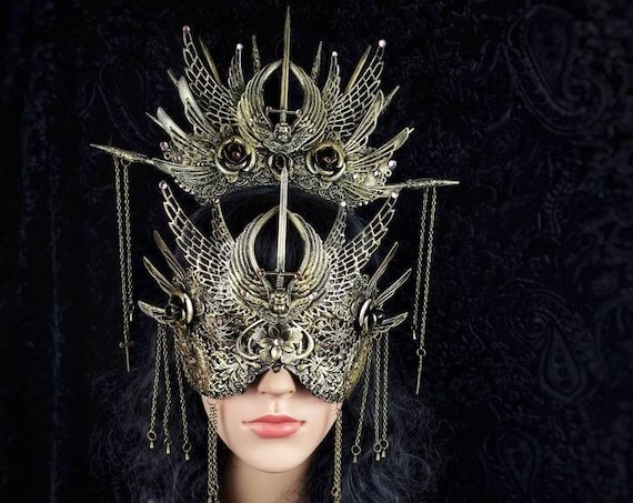 SET "Angel Sword Warrior " Crown & blind mask, fantasy costume, goth crown, Headpiece, medusa, larp, pagan, cosplay, viking / Made to order