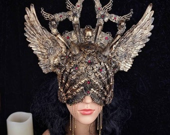 Lucifer's hands, blind mask headpiece, cathedral headpiece, horror mask, cosplay, vampire, gothic headpiece, goth crown/ Made to order