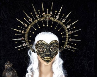Set "Heart Queen" halo & blind mask, crown, headdress, cosplay, larp, fantasy, gothic, horror / made to order