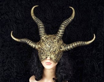 Demon Warrior blind mask " Princess of hell ", horns mask , devil mask, medusa, cosplay, gothic headpiece, shieldmaiden / MADE TO ORDER