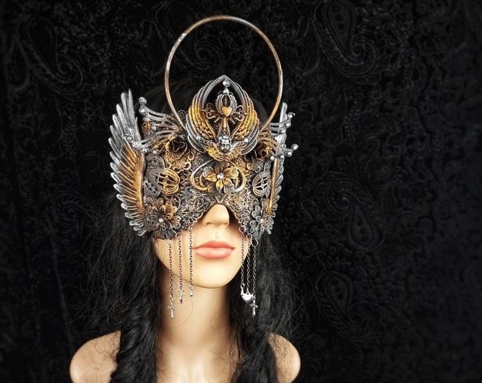 Halo Blind mask "Angel love" goth crown, larp, gothic headpiece, medusa costume, fantasy, cosplay, viking, cathedral / Made to order