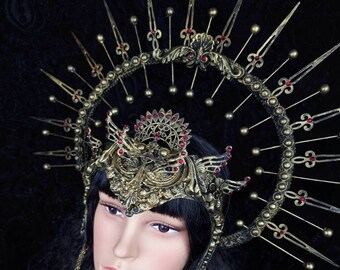 made to order / set Halo headdress & face frame "Sun King" halo, sacral, angel, fantasy, cosplay, larp, gothic