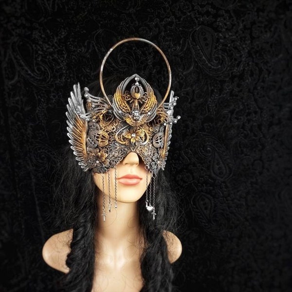Halo Blind mask "Angel love" goth crown, larp, gothic headpiece, medusa costume, fantasy, cosplay, viking, cathedral / Made to order