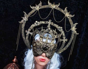 Set III Cathedral, halo & cathedral mask, blind mask, gothic headpiece, holy crown, goth crown, medusa costume, / Made to order