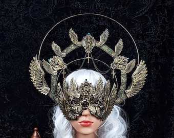 Made to order / Set angel cathedral wings, halo & blind mask, crown, fantasy costume, larp, cosplay, religious, goth