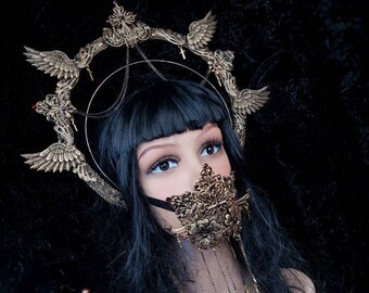 II.Set Angel Cross Halo & mouth mask, gothic headpiece, blind mask, goth headpiece, jawmask, goth crown,  holy crown / Made to order