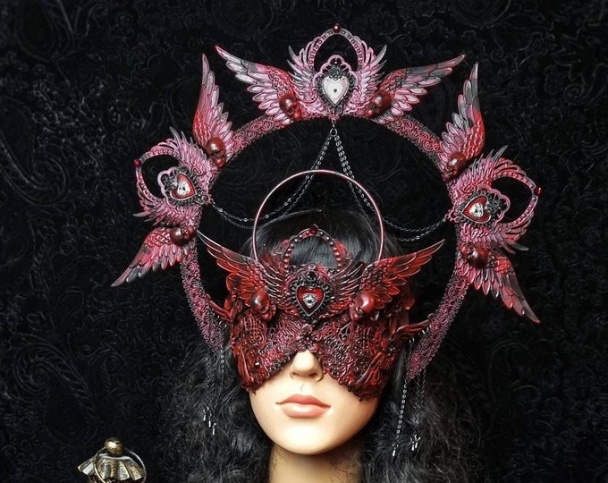 Featured listing image: Set" True love never dies" blind mask & halo, goth crown, gothic Headpiece, medusa costume, fantasy, cosplay, viking, skull / Made to order