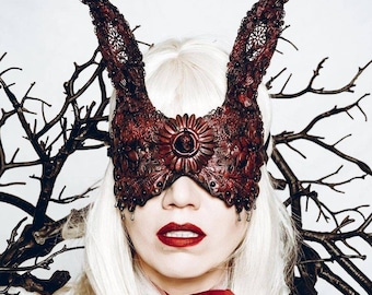 Blind mask " Bunny Queen " bunny mask, larp,  fantasy mask, gothic headpiece, gothic crown, medusa, cosplay, fetish mask / Made to order